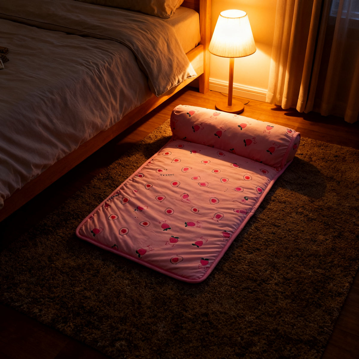 The bolster pet bed in the pink strawberry print, in a bedroom corner under warm lamp light