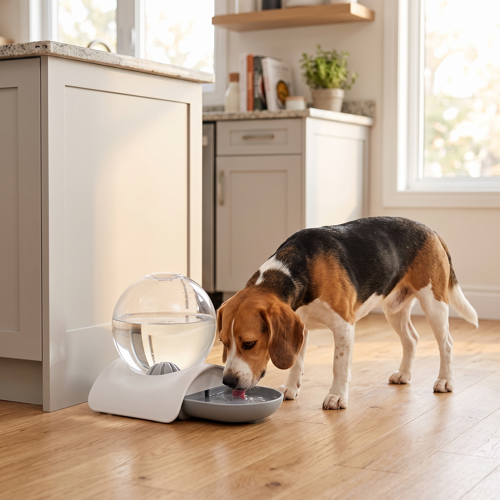 Beagle drinking from the TrailPaw 2.8L Gravity Pet Water Fountain in Gray in a kitchen