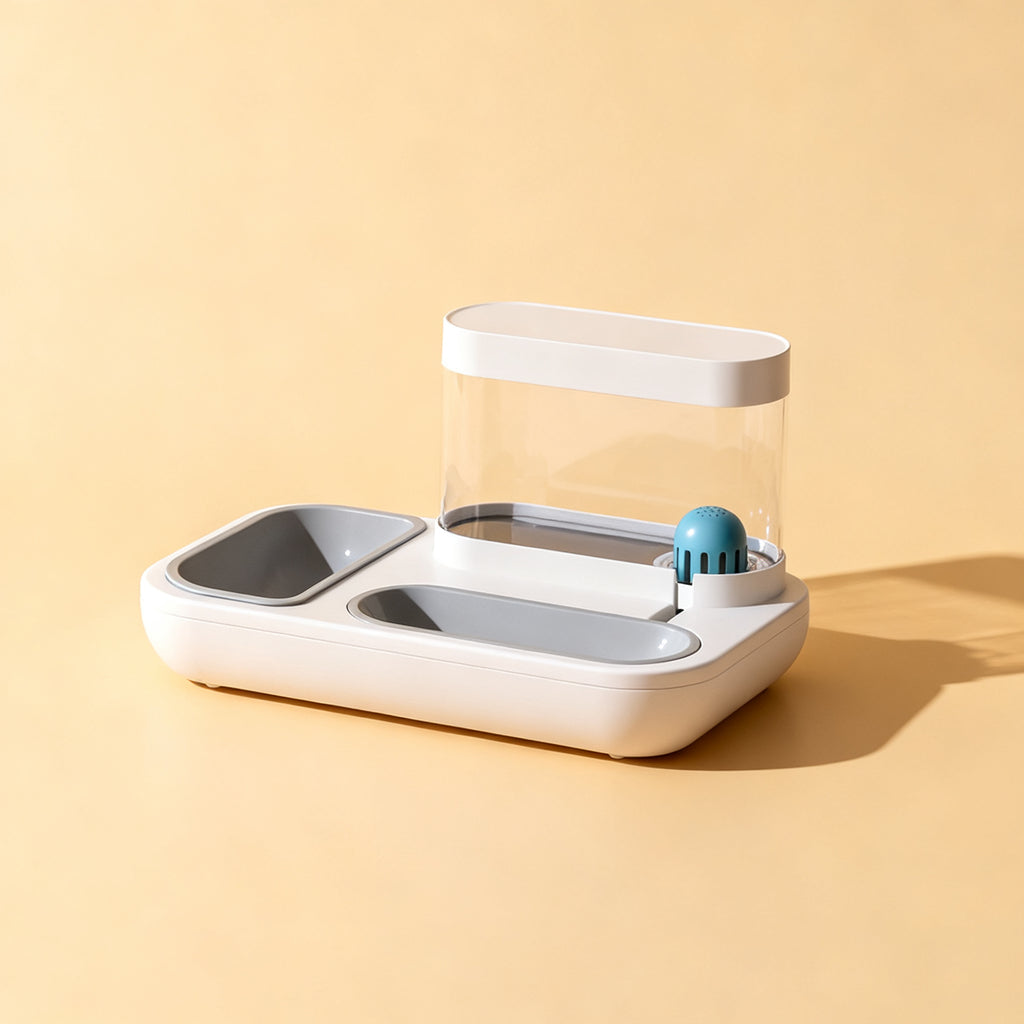 TrailPaw Auto Feeder and Water Dispenser in white, studio view showing the food bowl, water trough and clear gravity reservoir