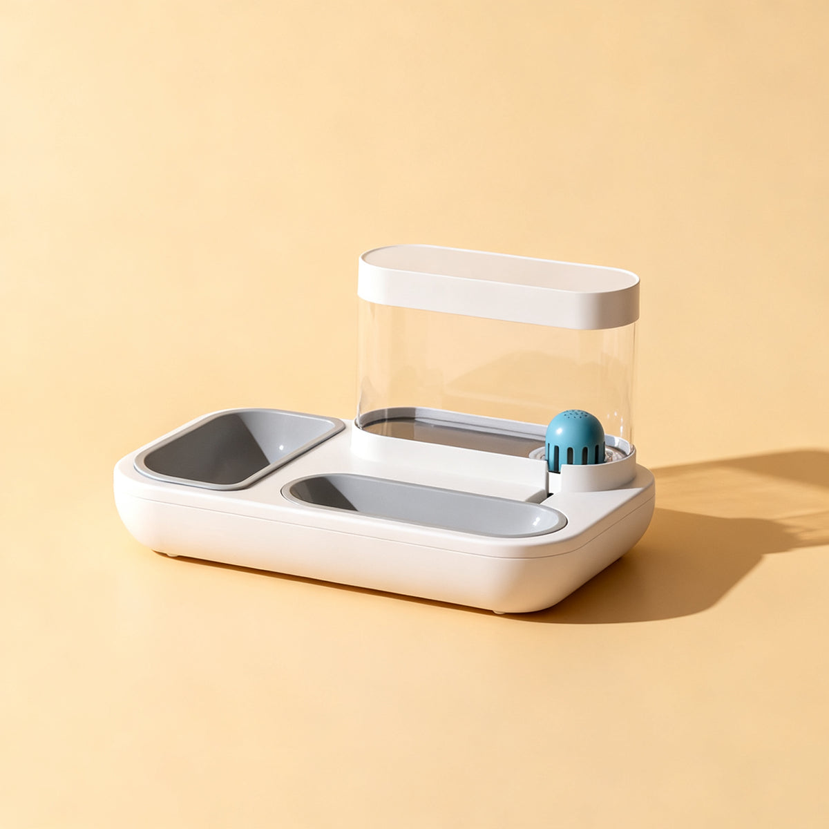 TrailPaw Auto Feeder and Water Dispenser in white, studio view showing the food bowl, water trough and clear gravity reservoir