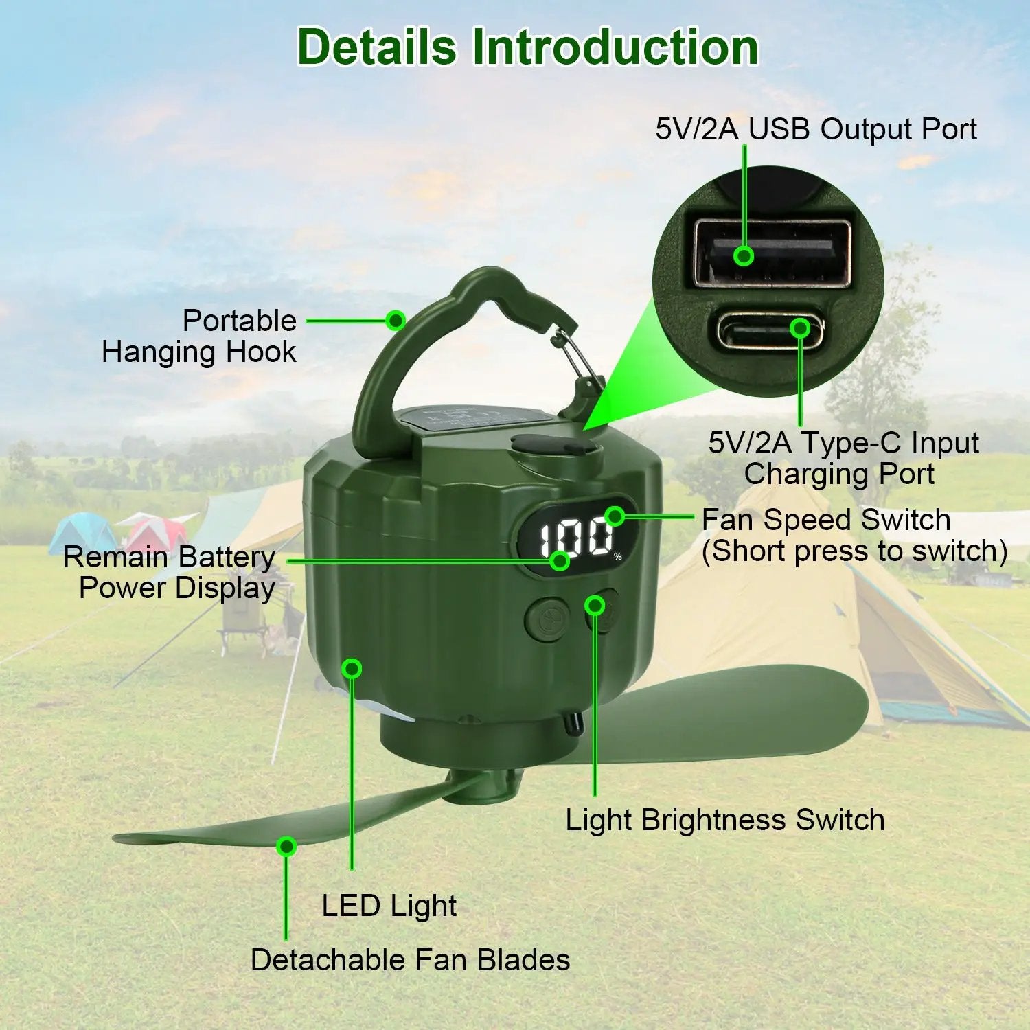 3-in-1 Camping Fan With LED Lantern, Hanging Tent Fan 3 Wind Speeds, Remote Control Timer, USB Power Bank, Low Noise Rechargeable Fan With Battery Display, Detachable Blades For Outdoor Indoor Use by S.H.WS Essentials