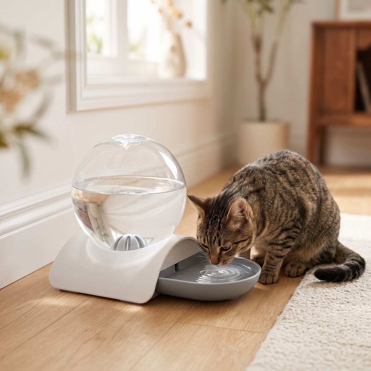 Tabby cat drinking from the TrailPaw 2.8L Gravity Pet Water Fountain in Gray on a wooden hallway floor