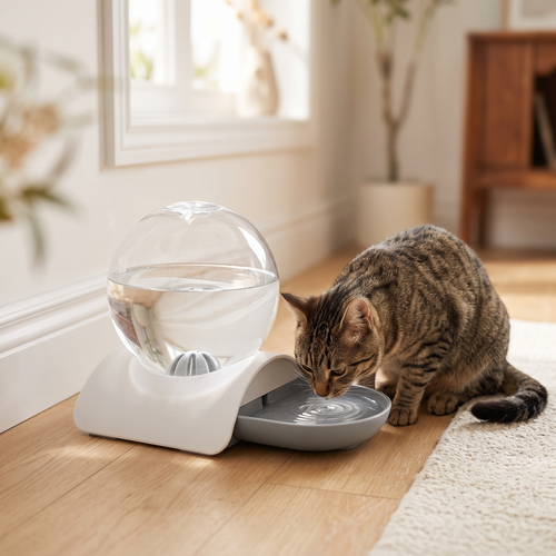 Tabby cat drinking from the TrailPaw 2.8L Gravity Pet Water Fountain in Gray on a wooden hallway floor