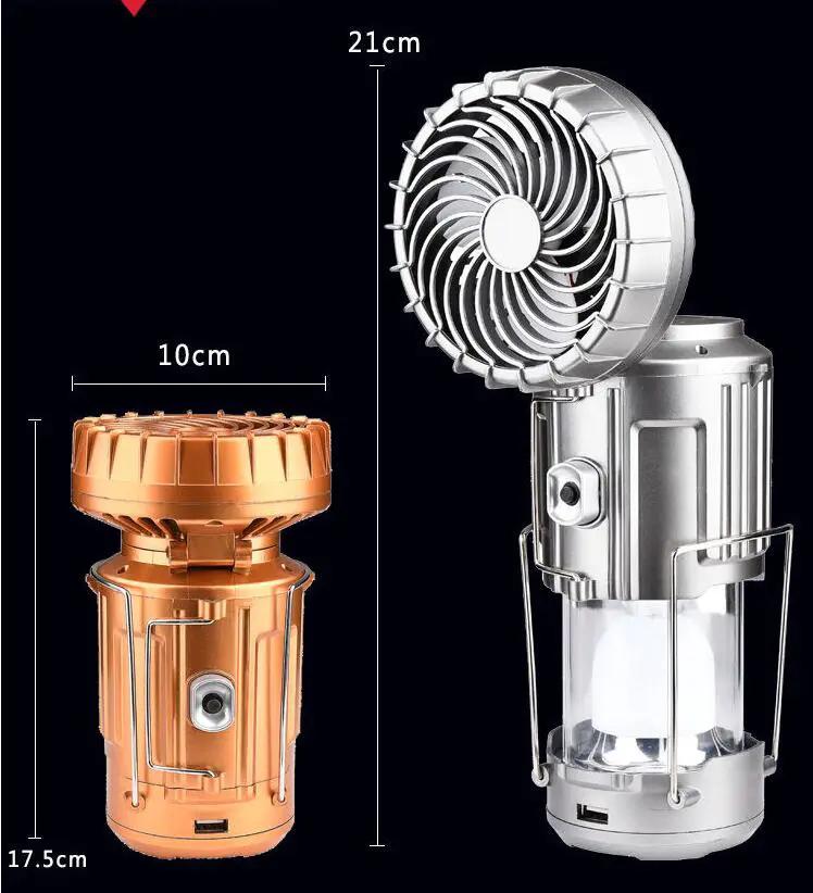 Portable Outdoor LED Camping Lantern With Fan Solar Charge Rechargeable Light Hanging Tent Lamp Fish Flashlight by eprolo