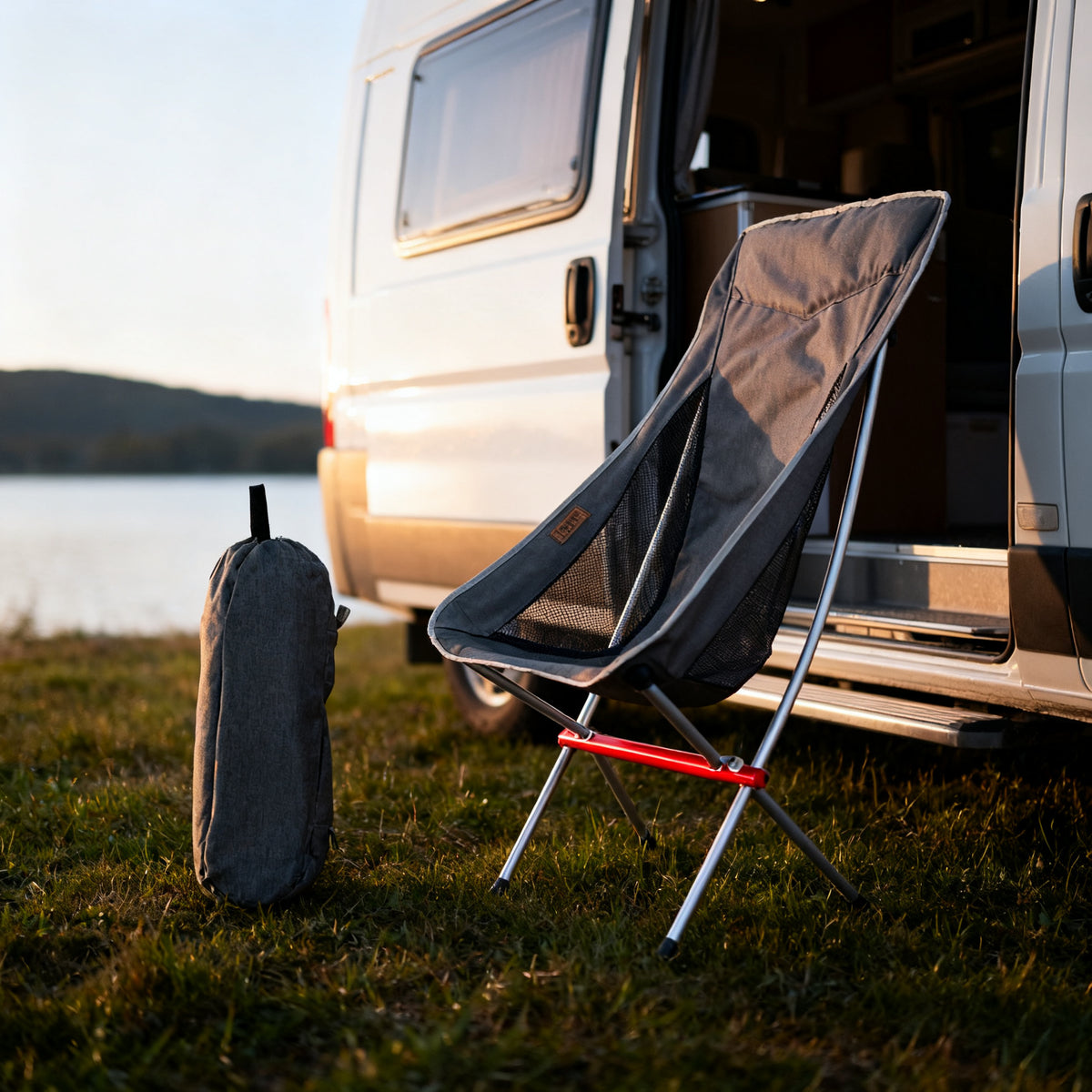 Gray Heightened Moon Chair beside an open camper van door by a lake