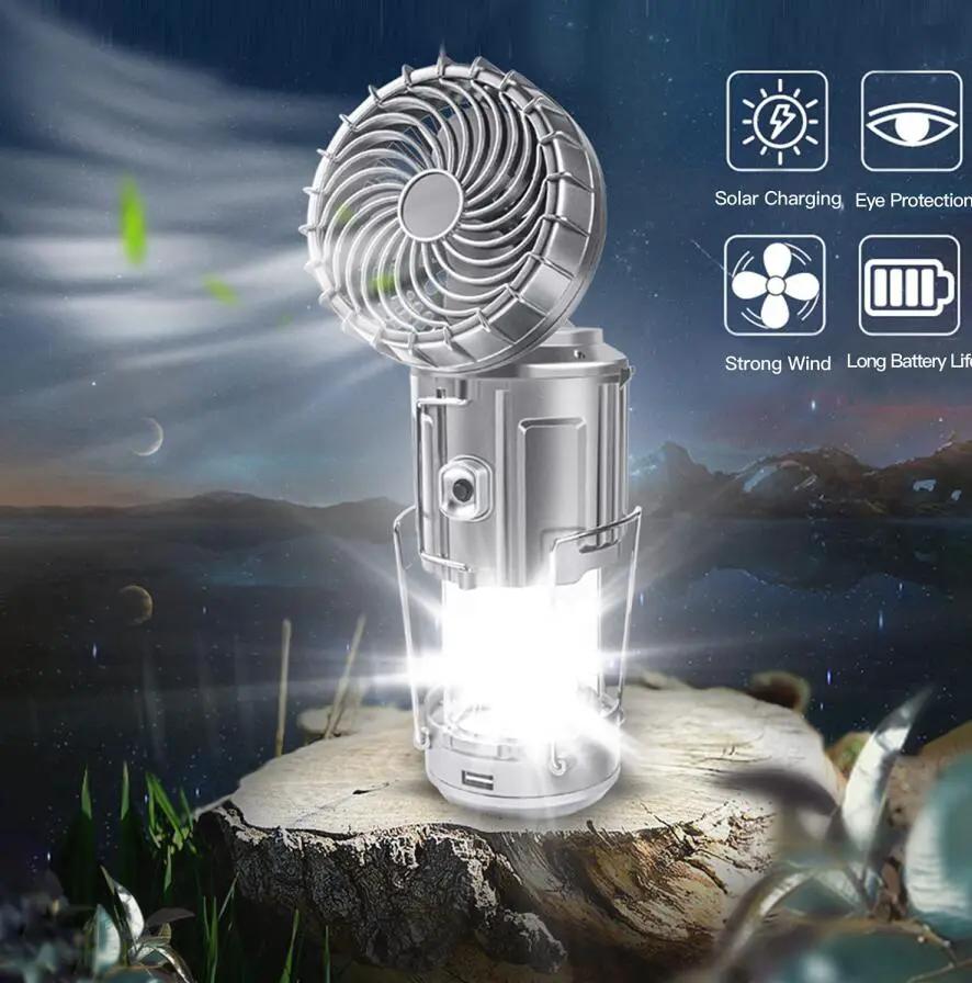 Portable Outdoor LED Camping Lantern With Fan Solar Charge Rechargeable Light Hanging Tent Lamp Fish Flashlight by eprolo