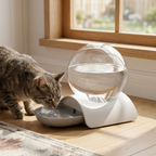 Cat drinking from the TrailPaw 2.8L Gravity Pet Water Fountain in Gray by a sunlit window