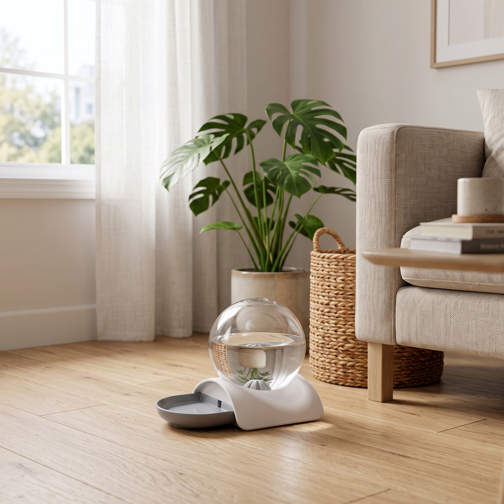 TrailPaw 2.8L Gravity Pet Water Fountain in Gray beside a sofa and basket, showing its size in a room