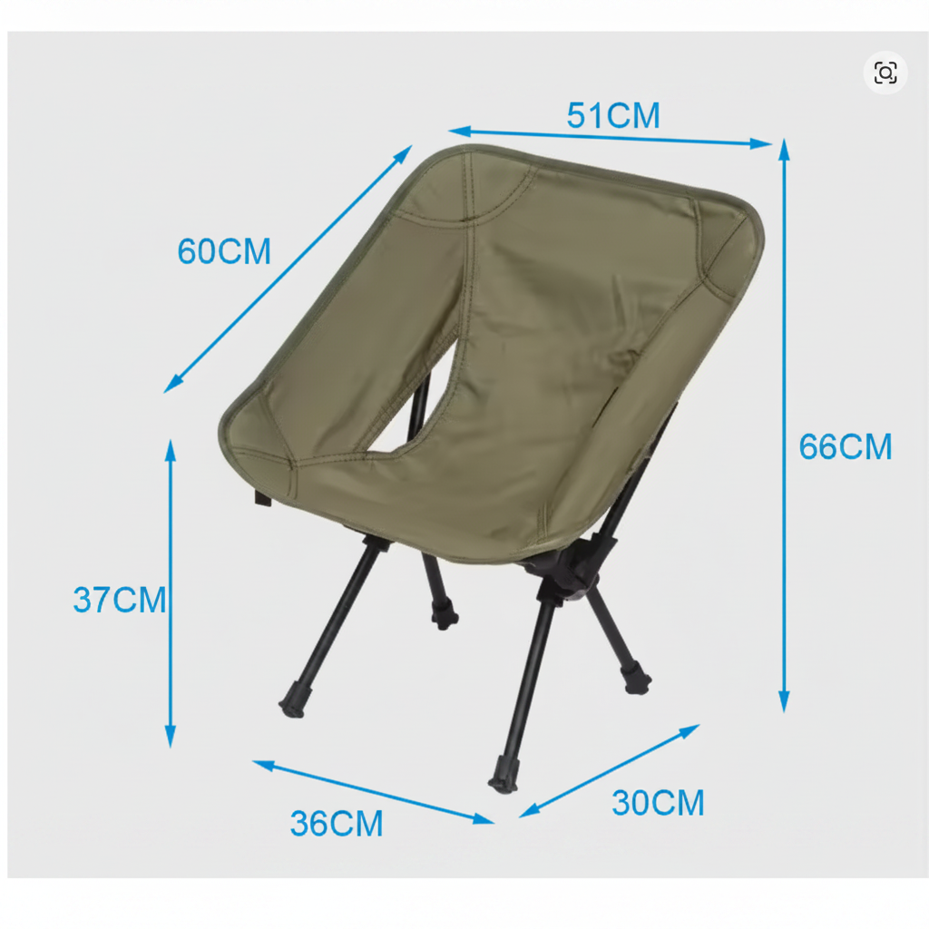 TrailPaw Ultralight Folding Camp Chair, adult size dimensions: 51 cm backrest width, 66 cm overall height, 37 cm seat height, 36 x 30 cm base