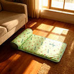 The bolster pet bed on a living room floor beside a sofa, showing its size