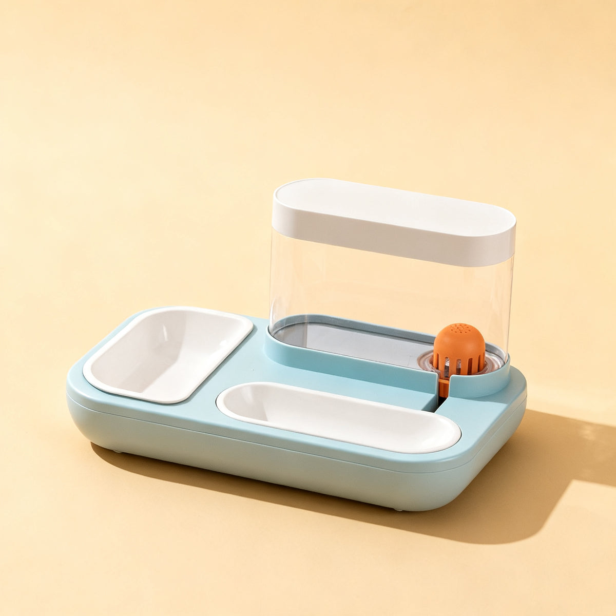TrailPaw Auto Feeder and Water Dispenser in blue, studio view showing the food bowl, water trough and clear gravity reservoir