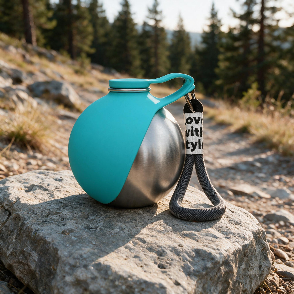 TrailPaw stainless steel dog water bottle in Blue, resting on a rock beside a hiking trail