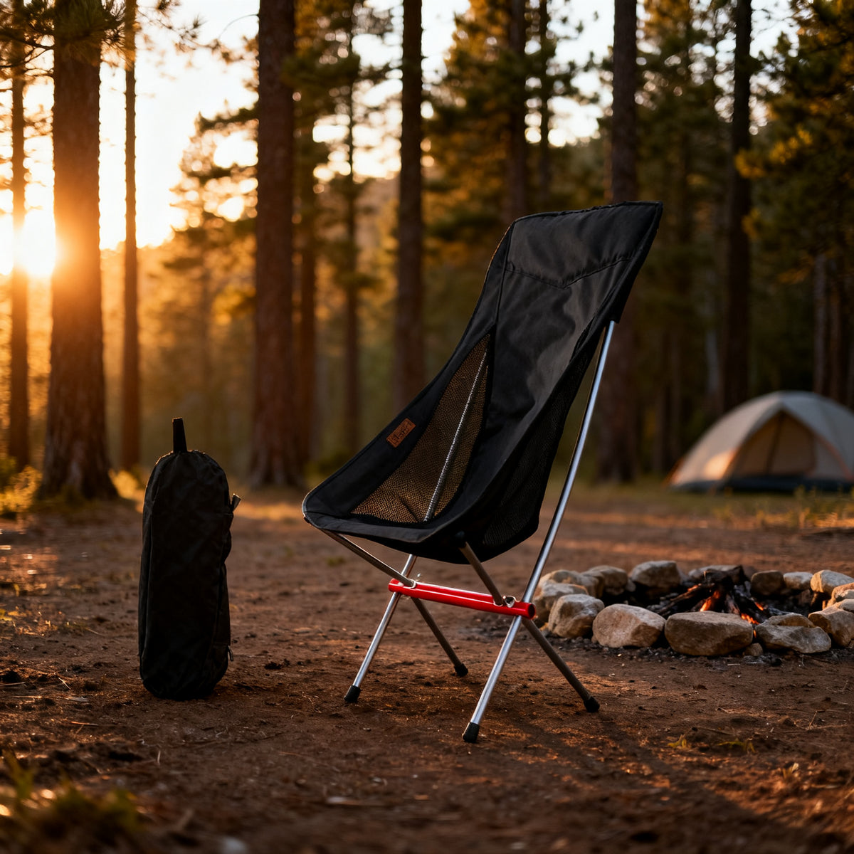 Black Heightened Moon Chair at a forest campsite beside a fire ring at golden hour