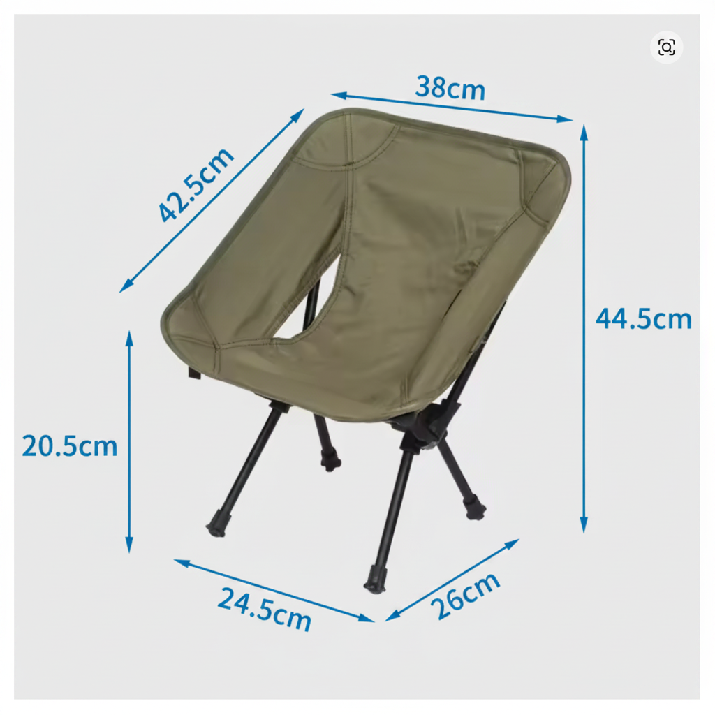 TrailPaw Ultralight Folding Camp Chair, child size dimensions: 38 cm backrest width, 44.5 cm overall height, 20.5 cm seat height, 24.5 x 26 cm base