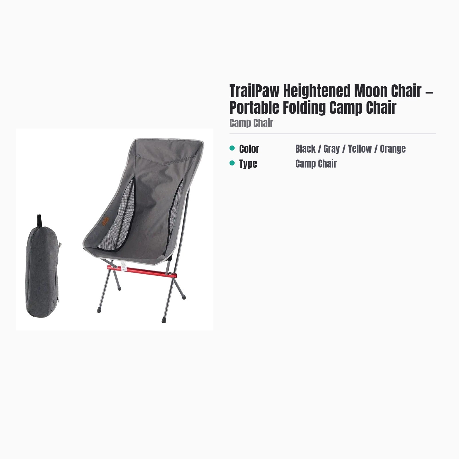 TrailPaw Heightened Moon Chair — Portable Folding Camp Chair — specs