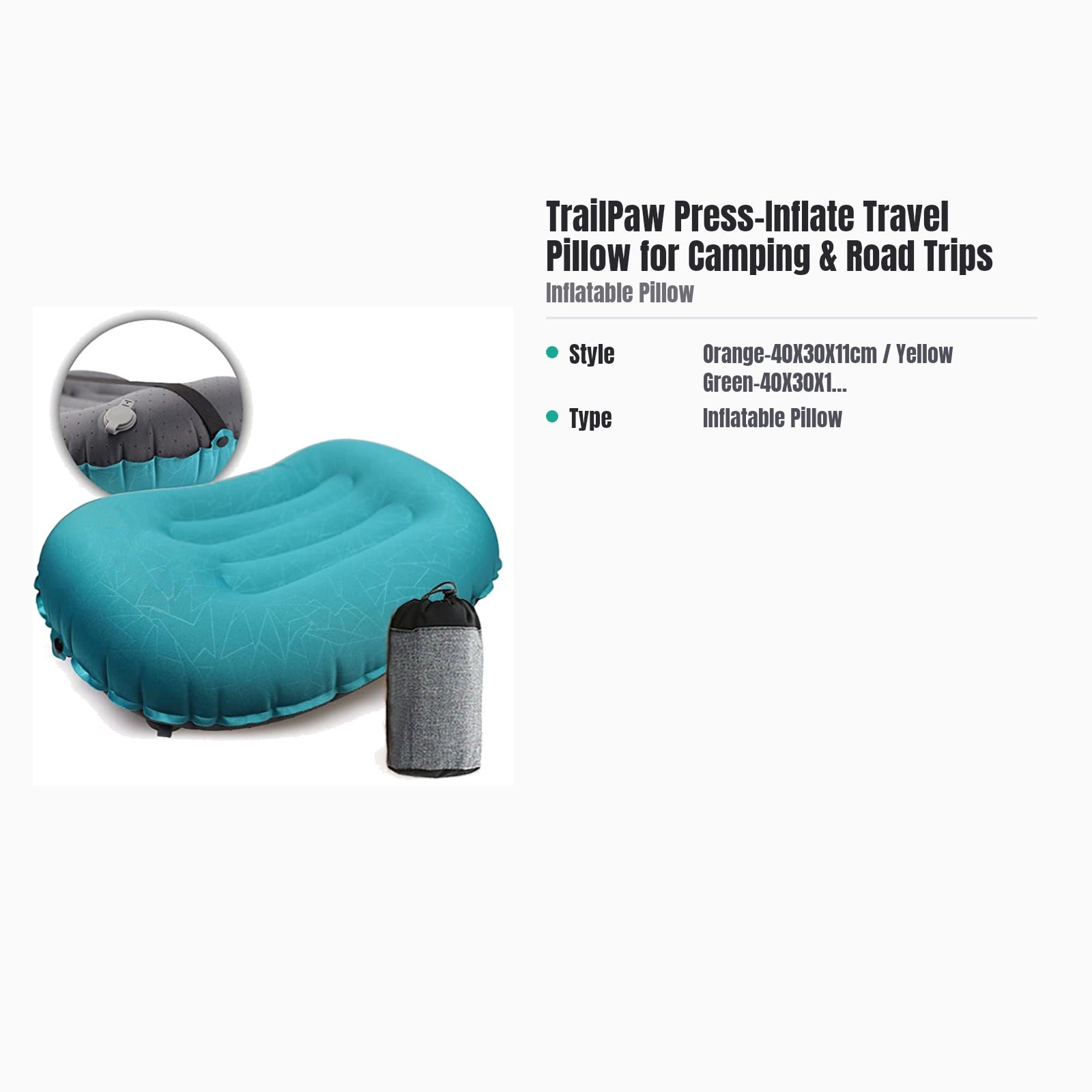TrailPaw Press-Inflate Travel Pillow for Camping & Road Trips — specs
