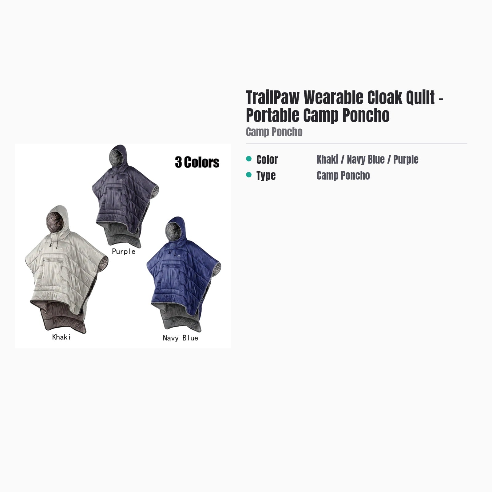 TrailPaw Wearable Cloak Quilt – Portable Camp Poncho — specs