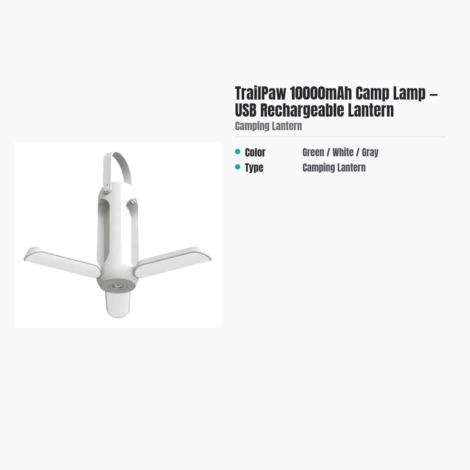 TrailPaw 10000mAh Camp Lamp — USB Rechargeable Lantern — specs