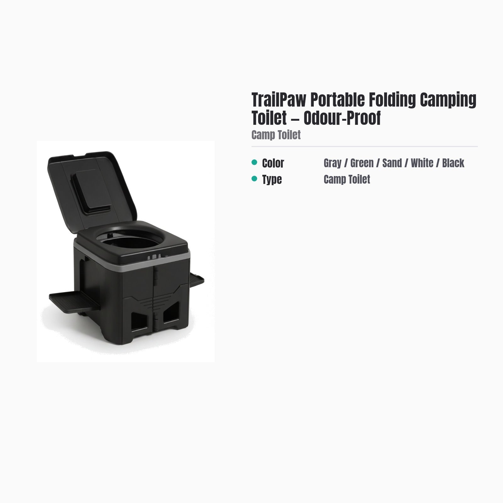 TrailPaw Portable Folding Camping Toilet — Odour-Proof — specs