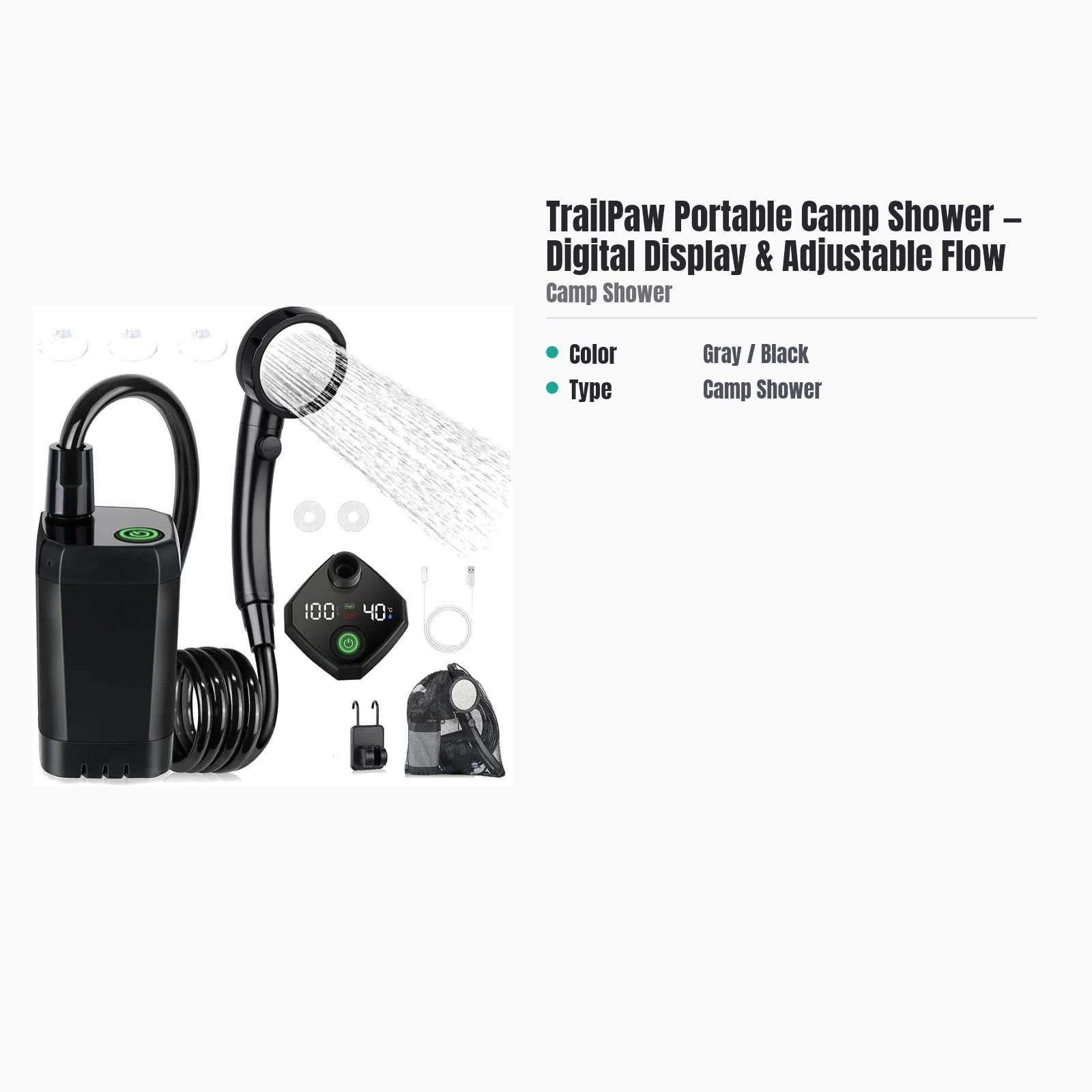 TrailPaw Portable Camp Shower — Digital Display & Adjustable Flow — specs