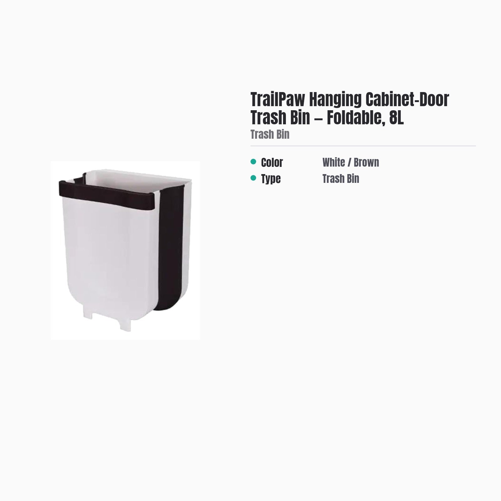 TrailPaw Hanging Cabinet-Door Trash Bin — Foldable, 8L — specs