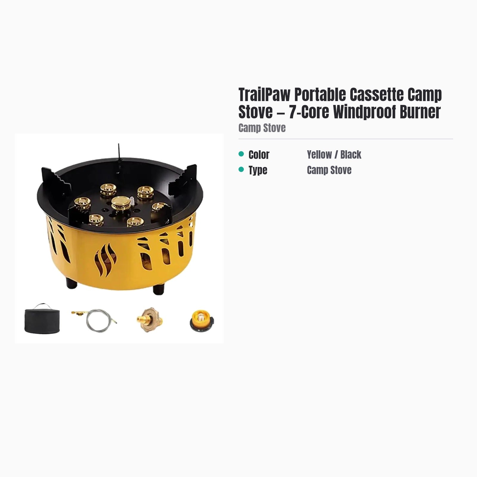 TrailPaw Portable Cassette Camp Stove — 7-Core Windproof Burner — specs