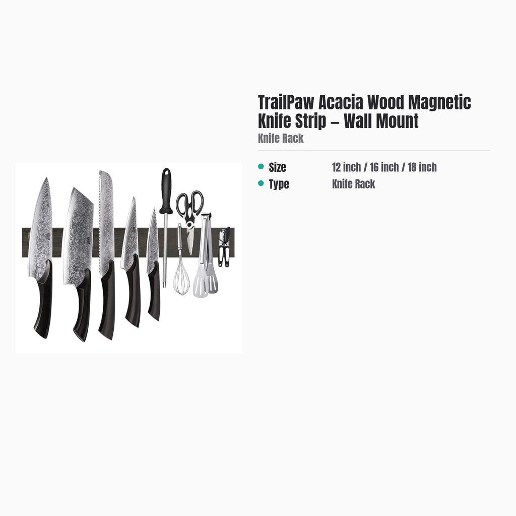 TrailPaw Acacia Wood Magnetic Knife Strip — Wall Mount — specs