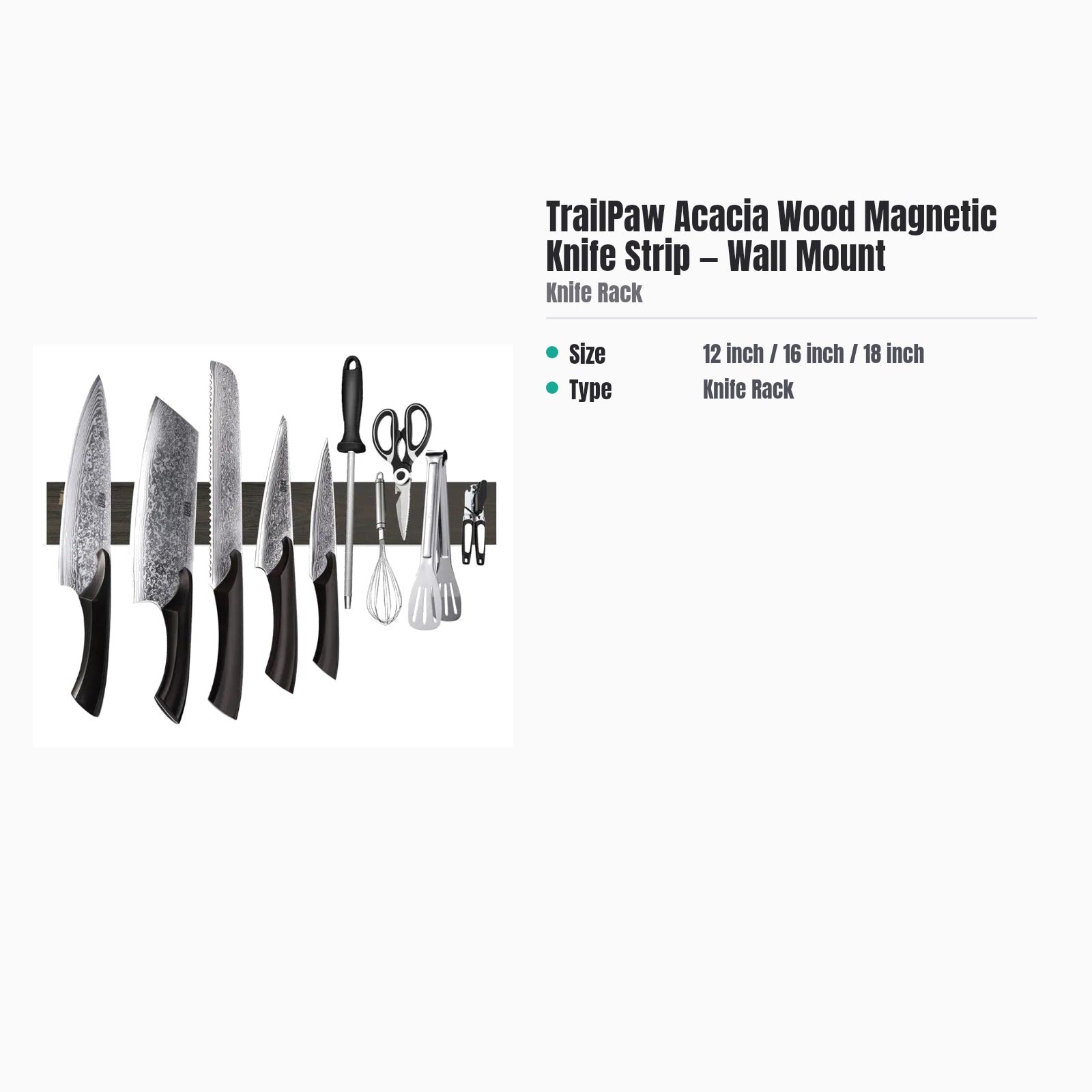 TrailPaw Acacia Wood Magnetic Knife Strip — Wall Mount — specs