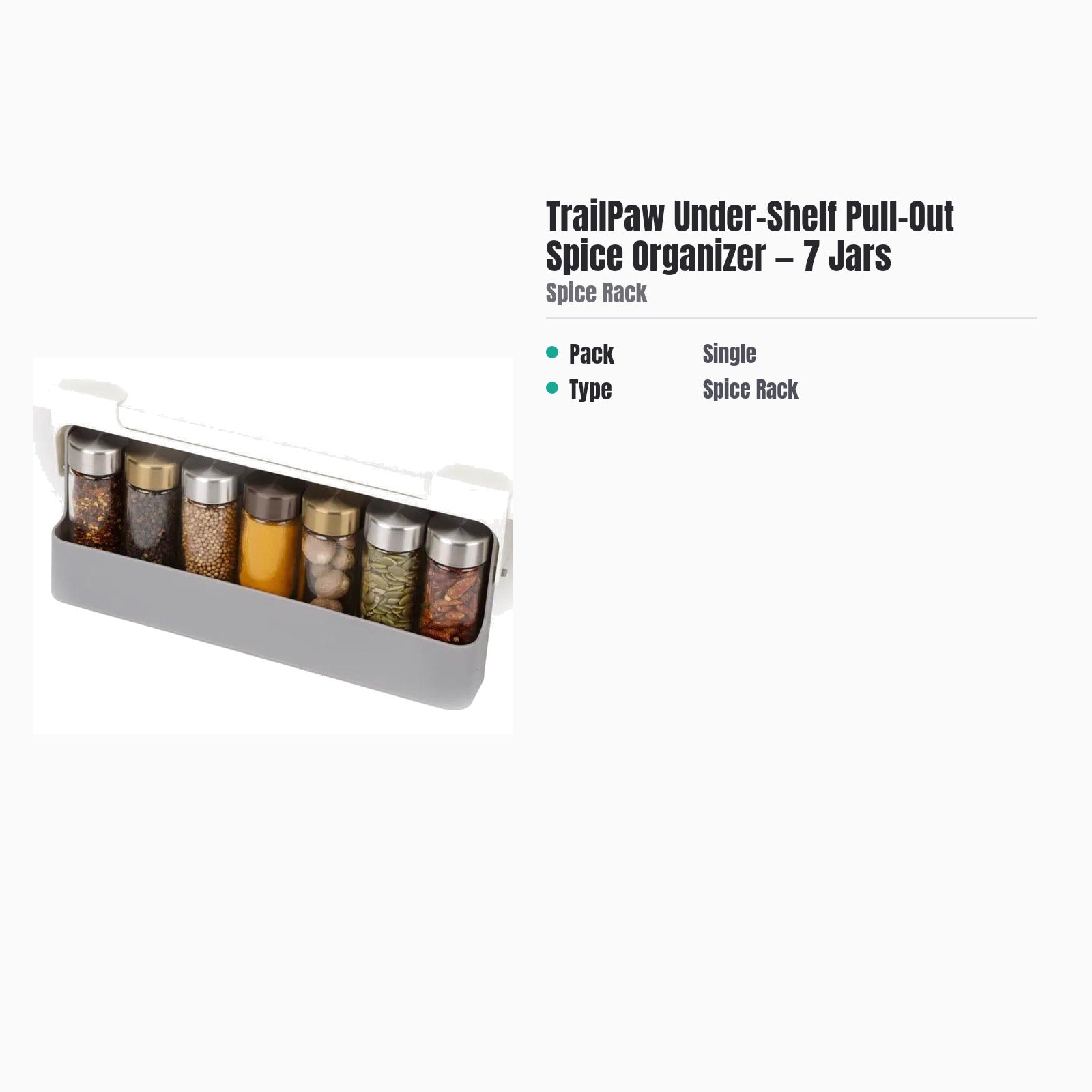 TrailPaw Under-Shelf Pull-Out Spice Organizer — 7 Jars — specs
