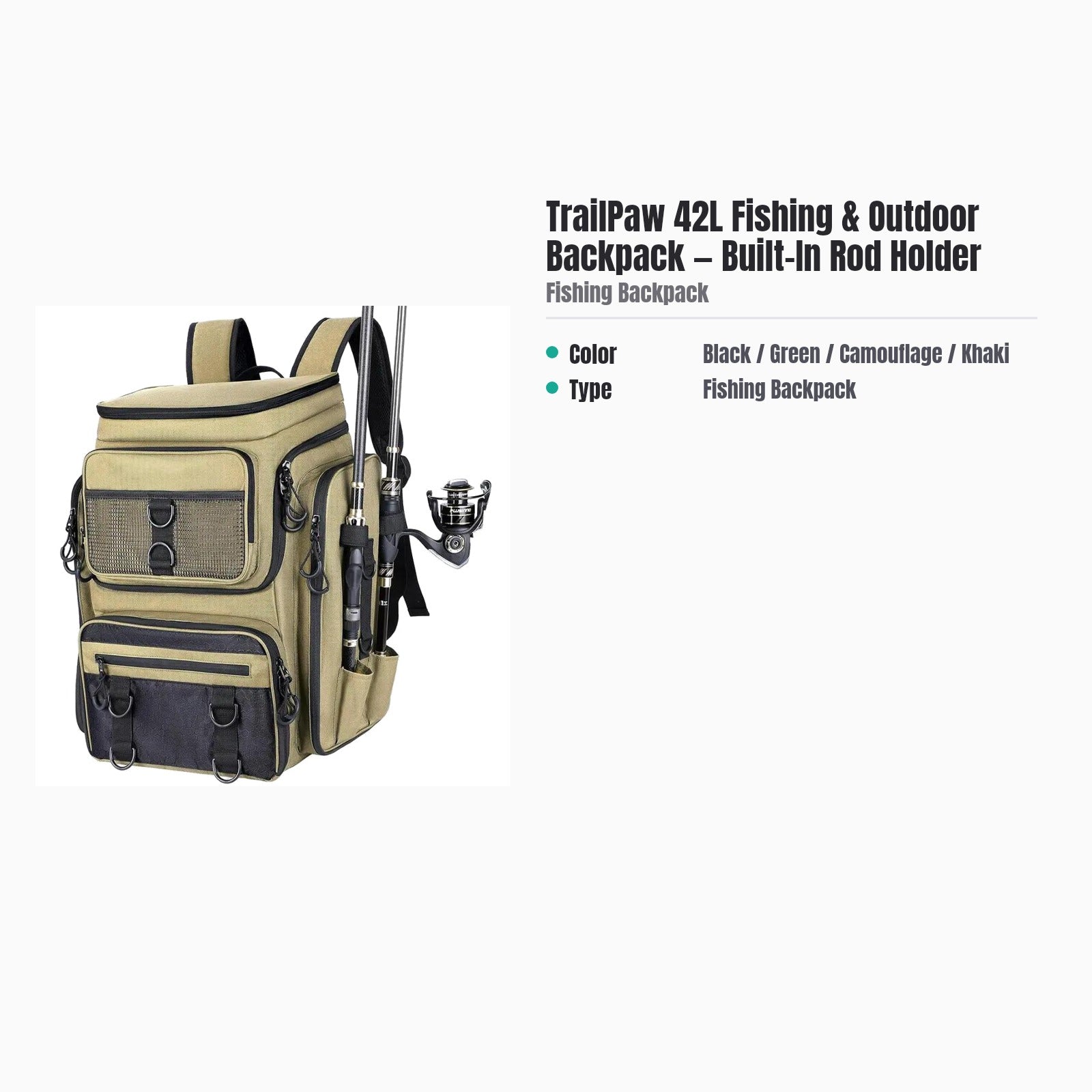 TrailPaw 42L Fishing & Outdoor Backpack — Built-In Rod Holder — specs