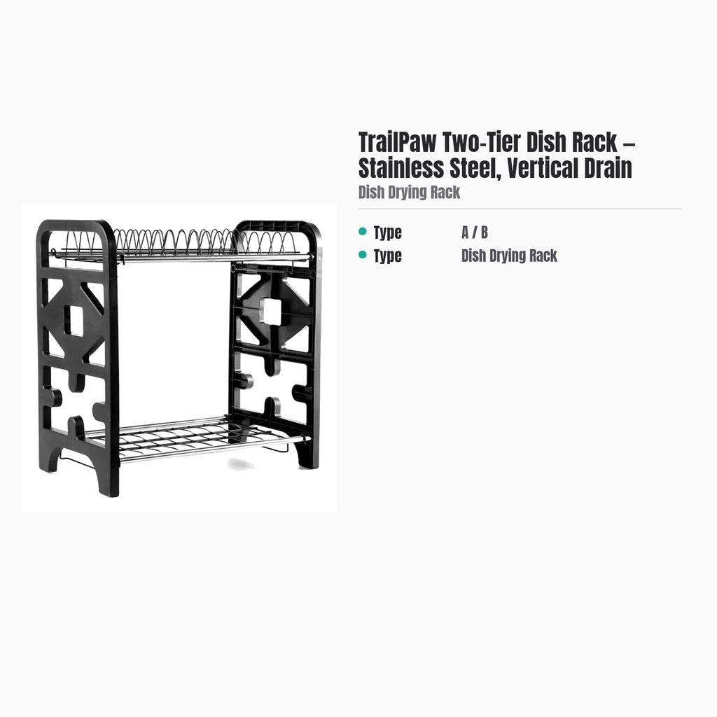 TrailPaw Two-Tier Dish Rack — Stainless Steel, Vertical Drain — specs