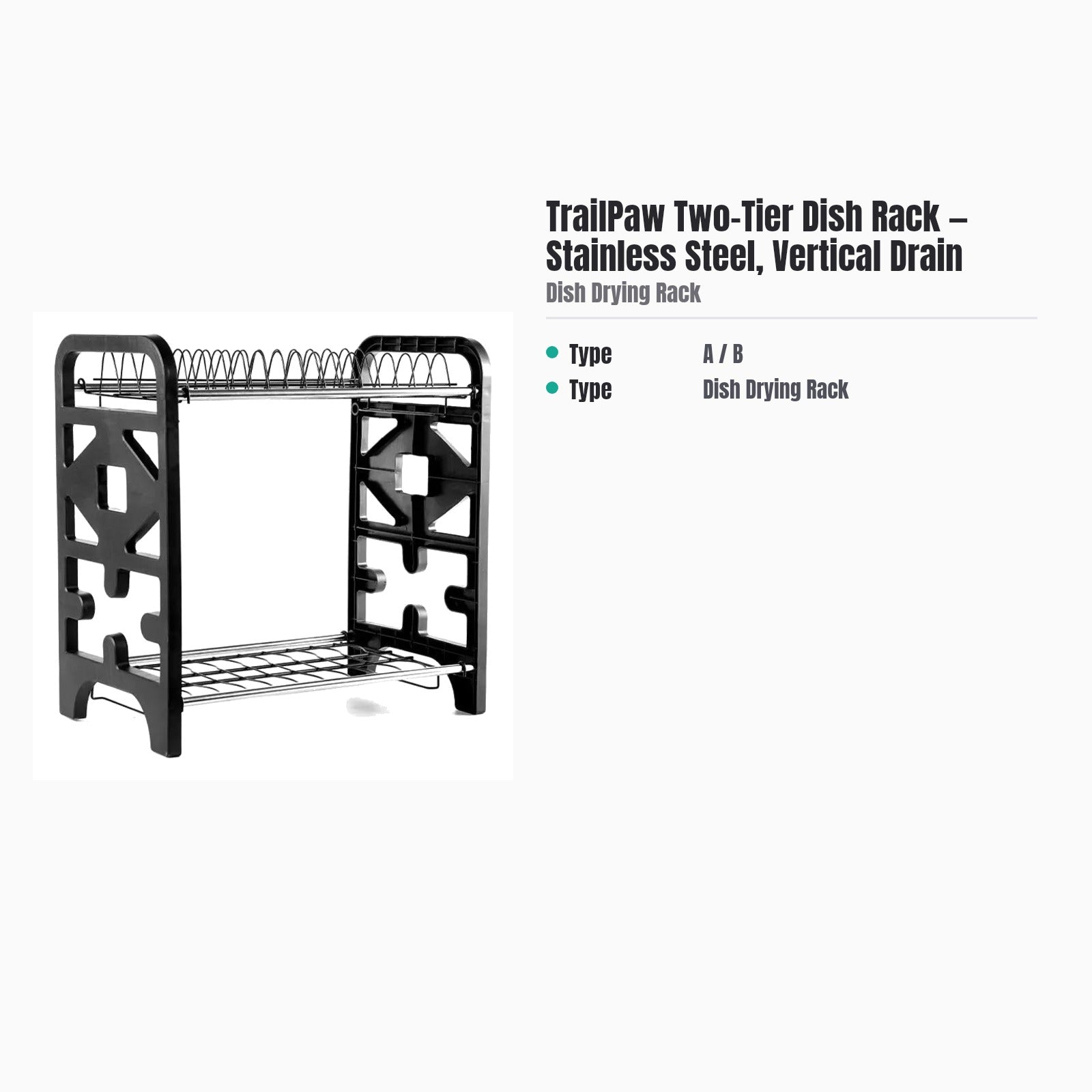 TrailPaw Two-Tier Dish Rack — Stainless Steel, Vertical Drain — specs