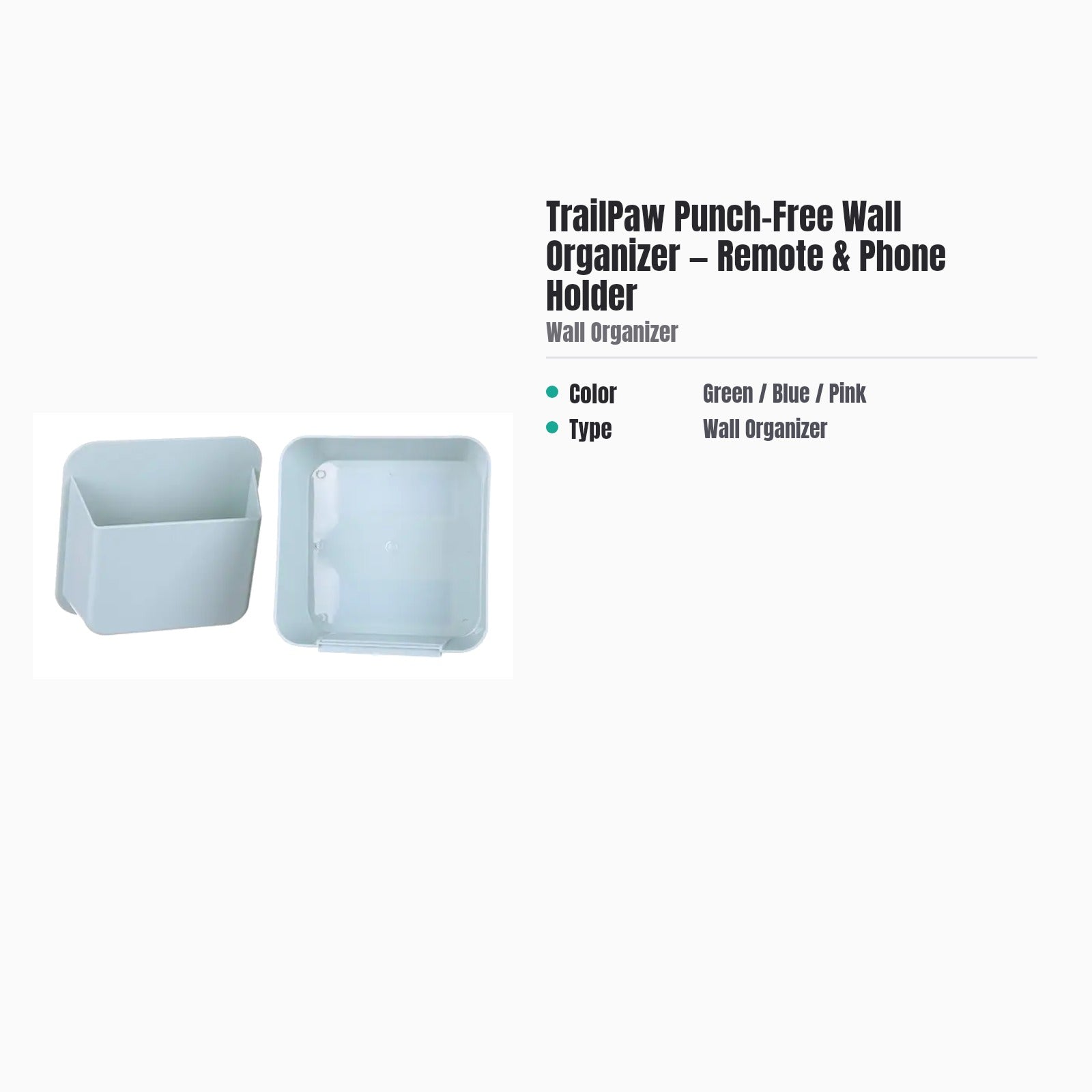 TrailPaw Punch-Free Wall Organizer — Remote & Phone Holder — specs
