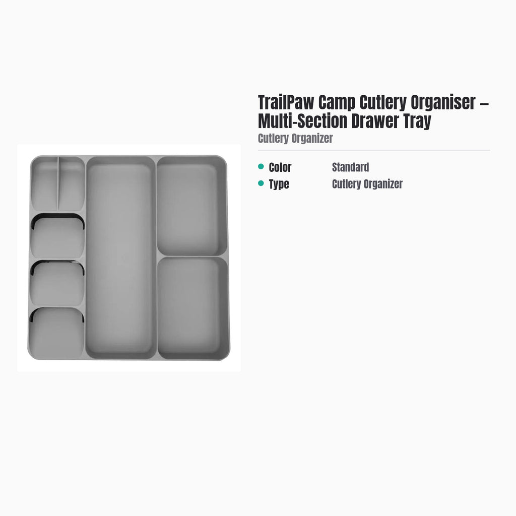 TrailPaw Camp Cutlery Organiser — Multi-Section Drawer Tray — specs