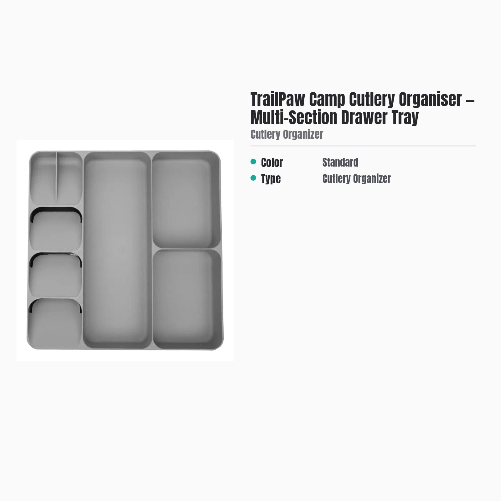 TrailPaw Camp Cutlery Organiser — Multi-Section Drawer Tray — specs