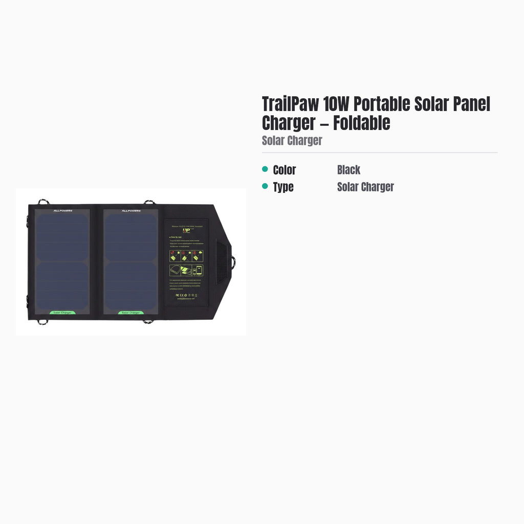 TrailPaw 10W Portable Solar Panel Charger — Foldable — specs