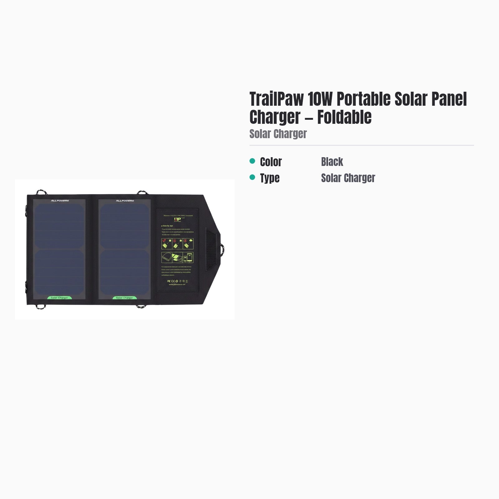 TrailPaw 10W Portable Solar Panel Charger — Foldable — specs
