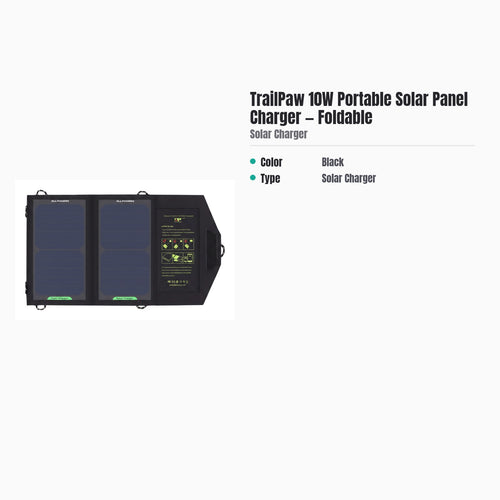 TrailPaw 10W Portable Solar Panel Charger — Foldable — specs