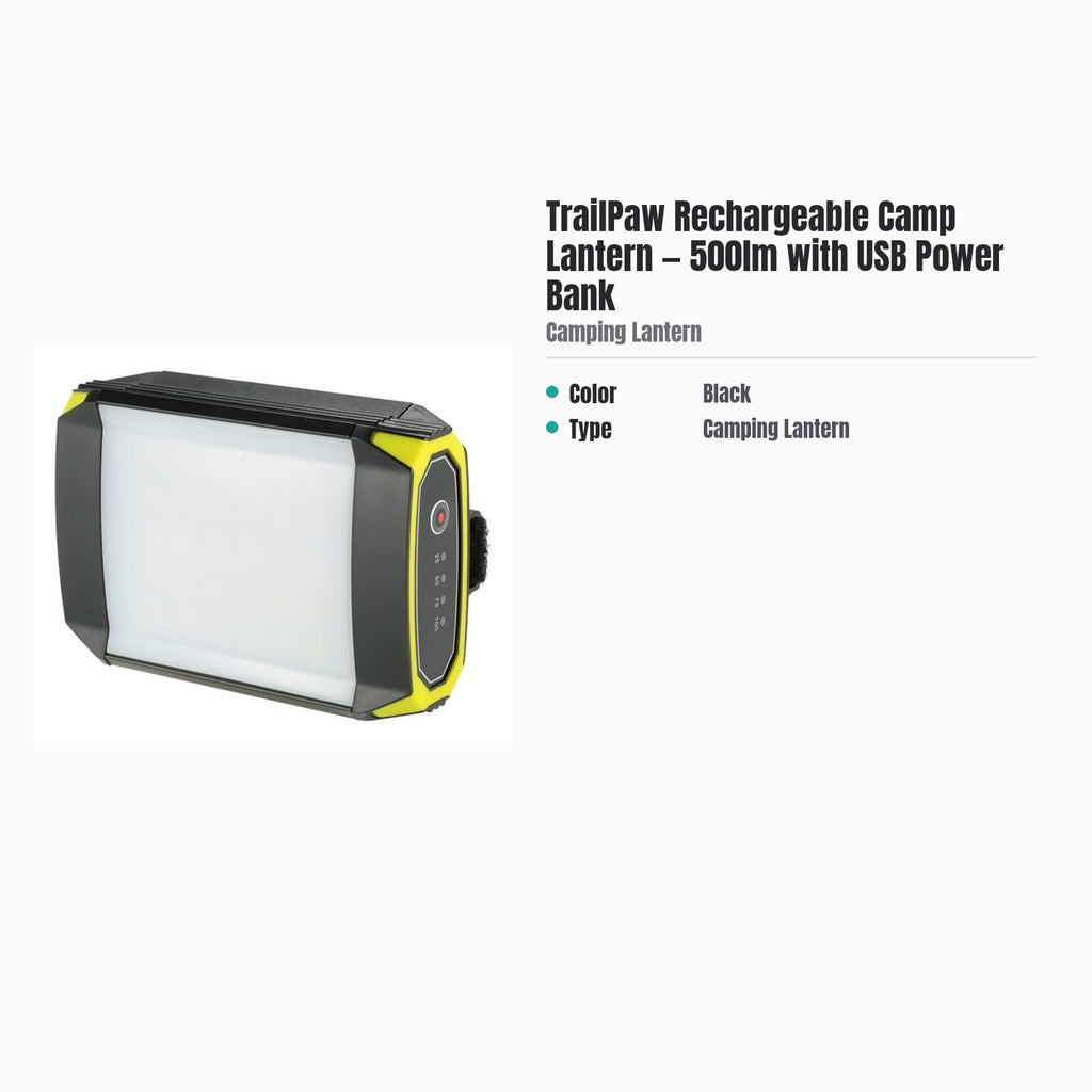 TrailPaw Rechargeable Camp Lantern — 500lm with USB Power Bank — specs