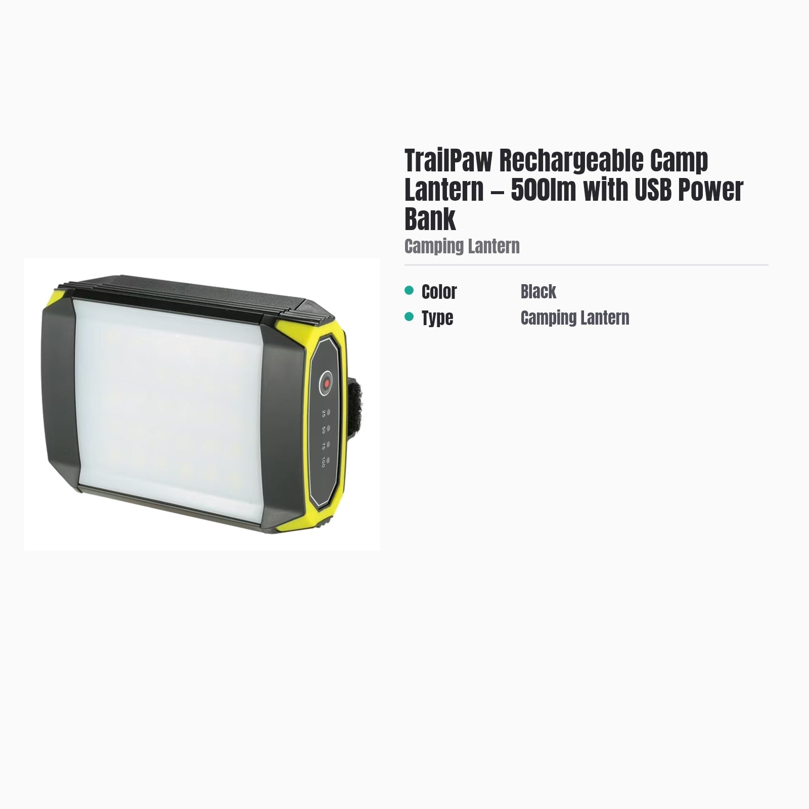 TrailPaw Rechargeable Camp Lantern — 500lm with USB Power Bank — specs