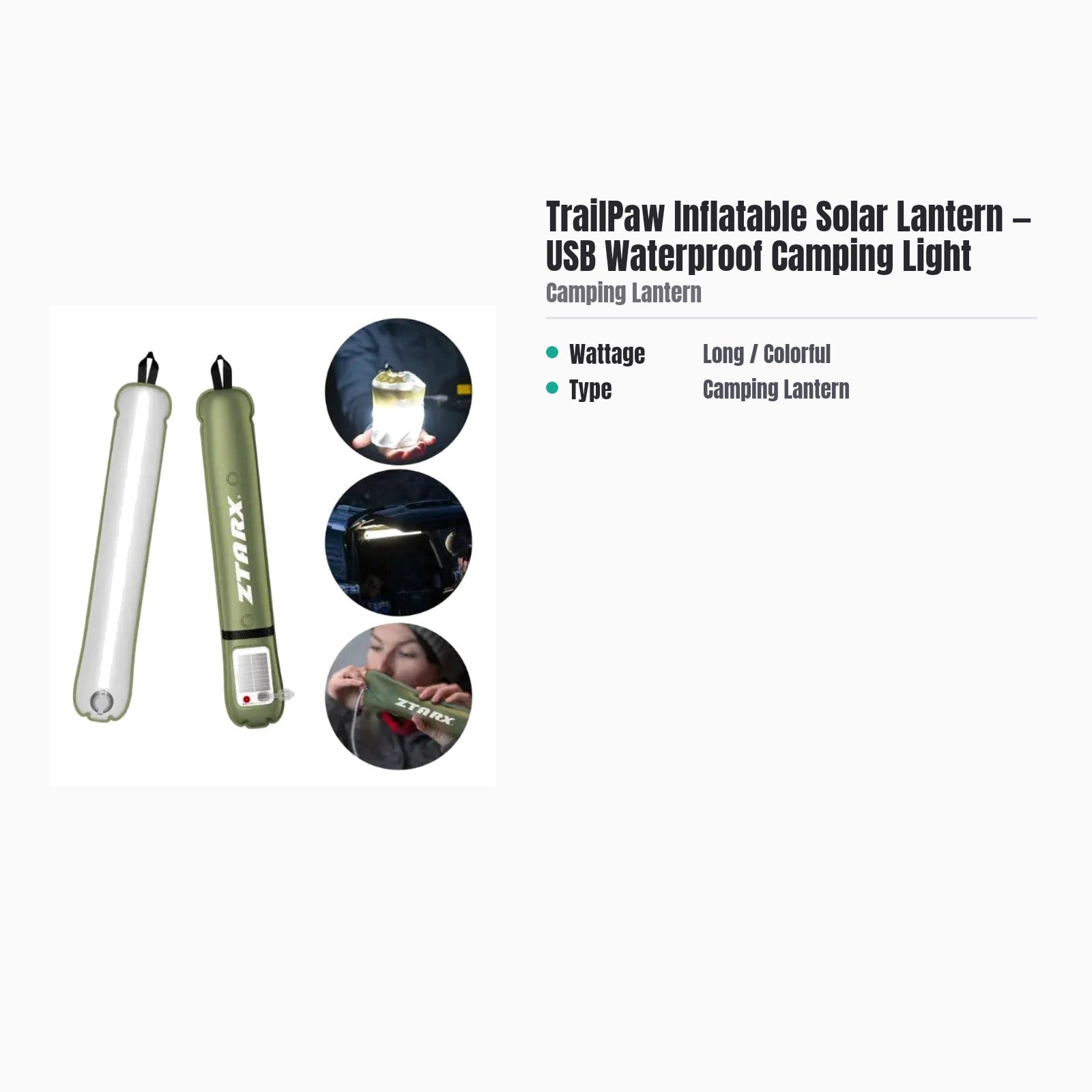 TrailPaw Inflatable Solar Lantern — USB Waterproof Camping Light — specs