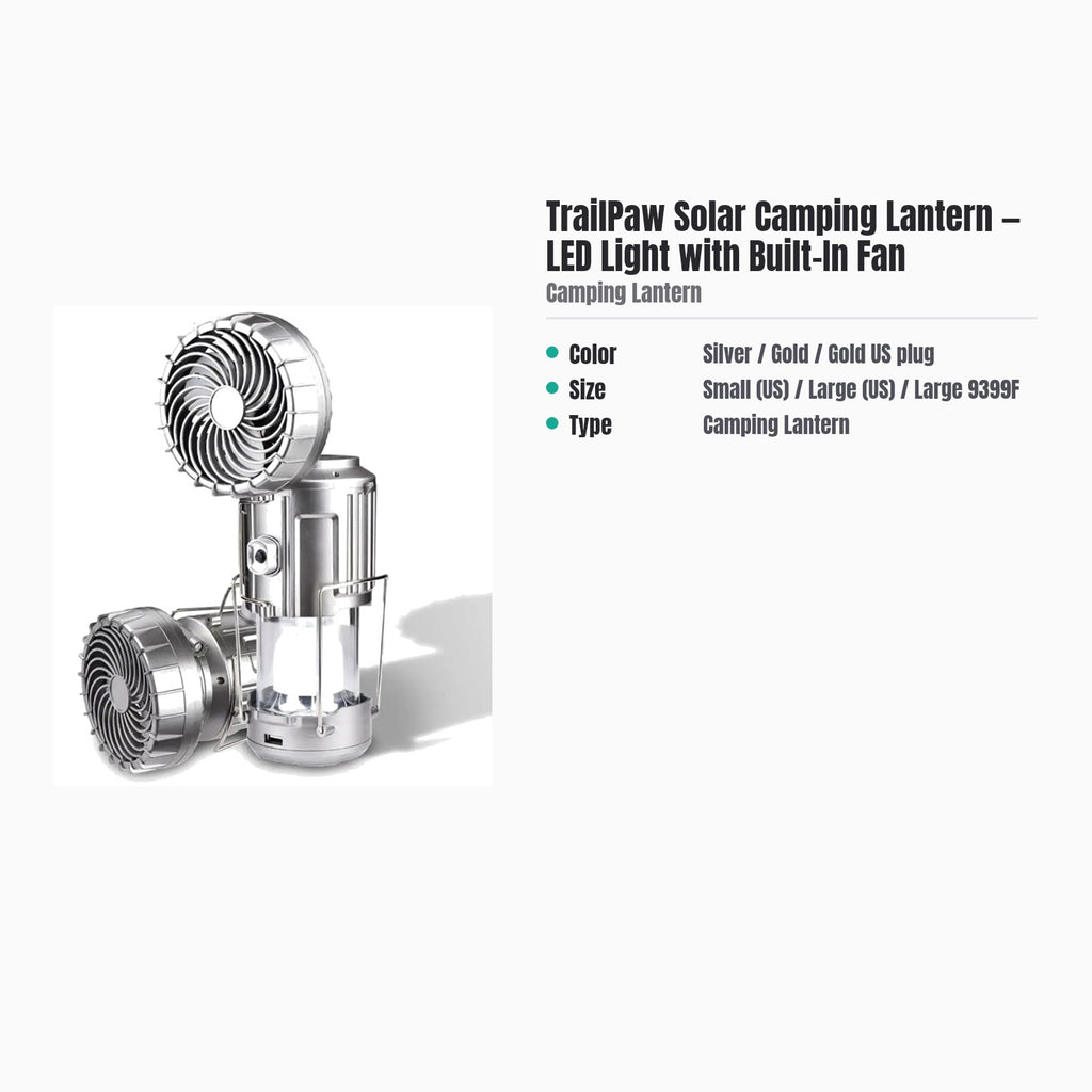 TrailPaw Solar Camping Lantern — LED Light with Built-In Fan — specs