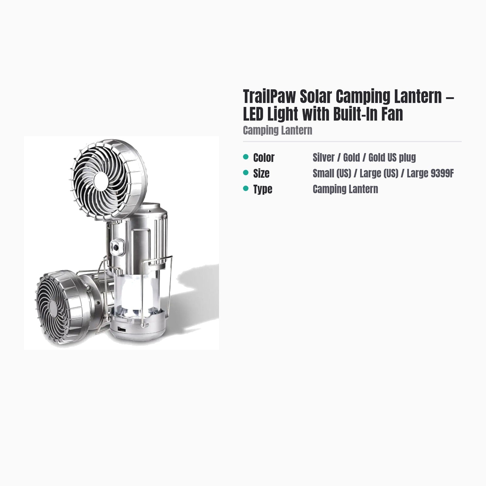 TrailPaw Solar Camping Lantern — LED Light with Built-In Fan — specs