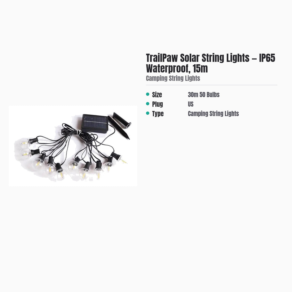 TrailPaw Solar String Lights — IP65 Waterproof, 15m — specs
