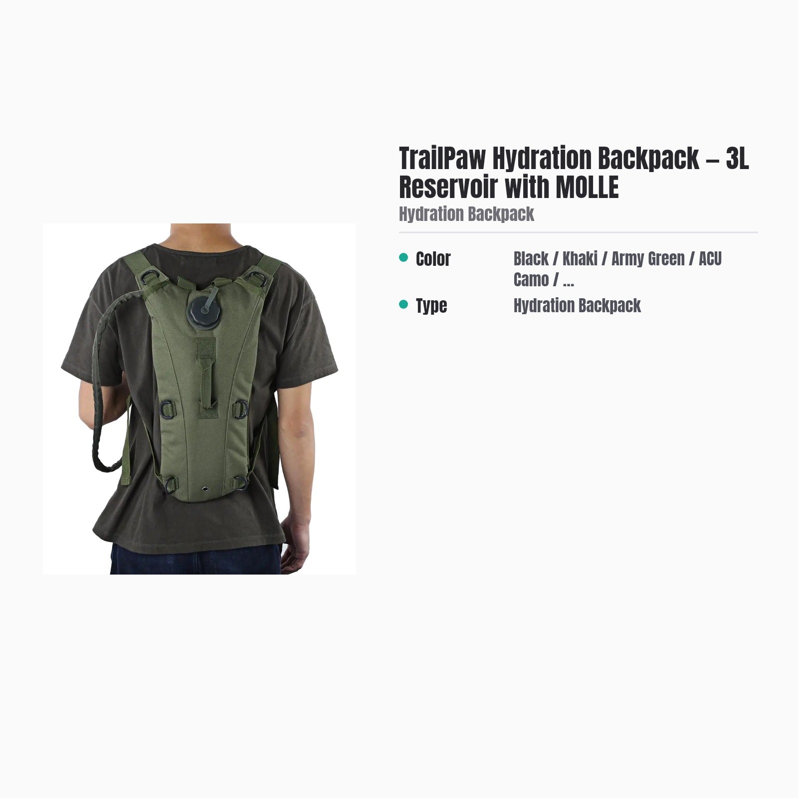 TrailPaw Hydration Backpack — 3L Reservoir with MOLLE — specs