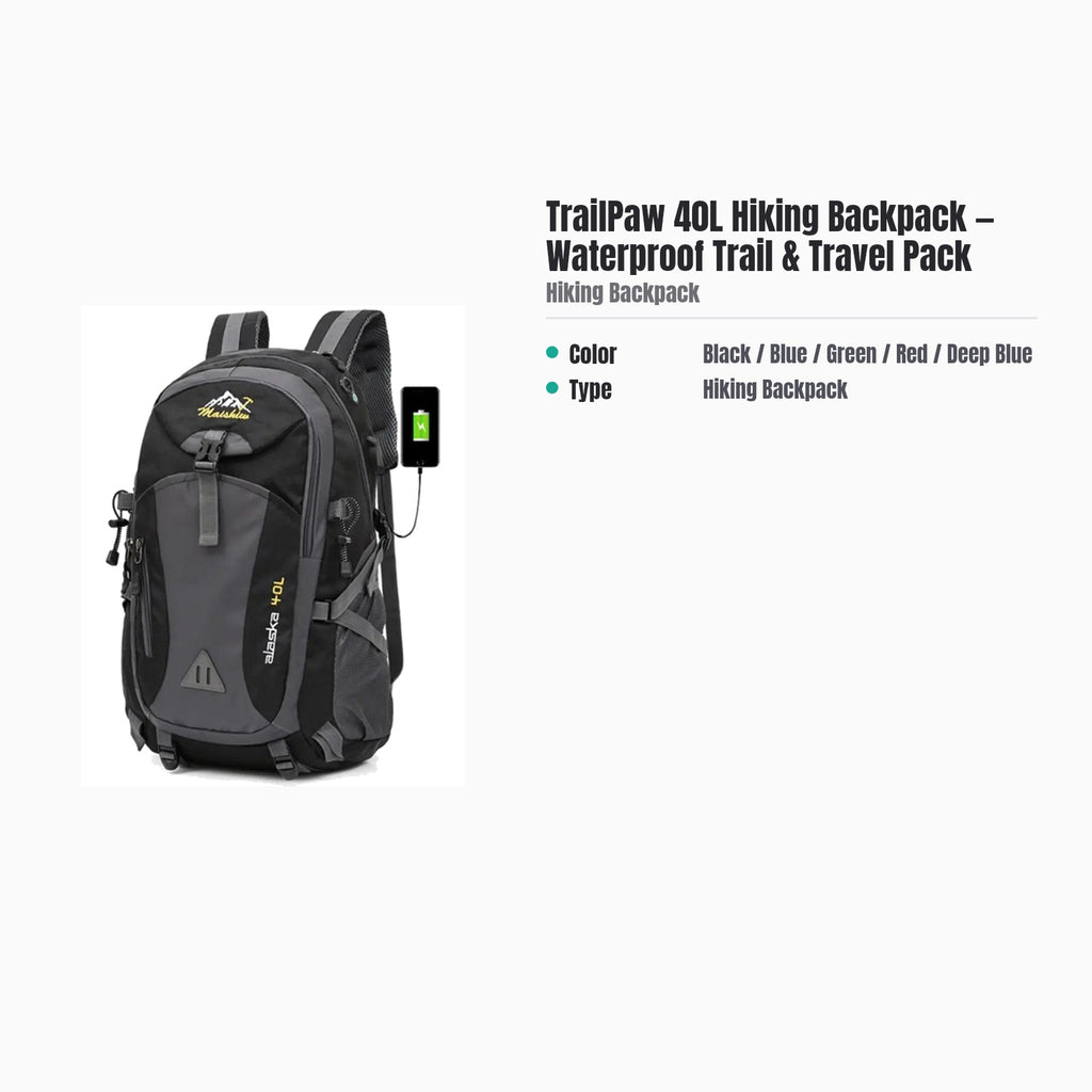 TrailPaw 40L Hiking Backpack — Waterproof Trail & Travel Pack — specs