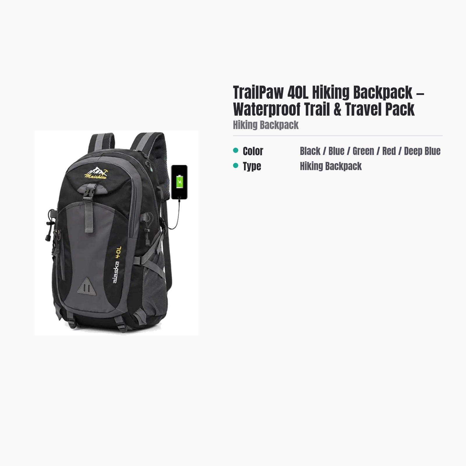 TrailPaw 40L Hiking Backpack — Waterproof Trail & Travel Pack — specs