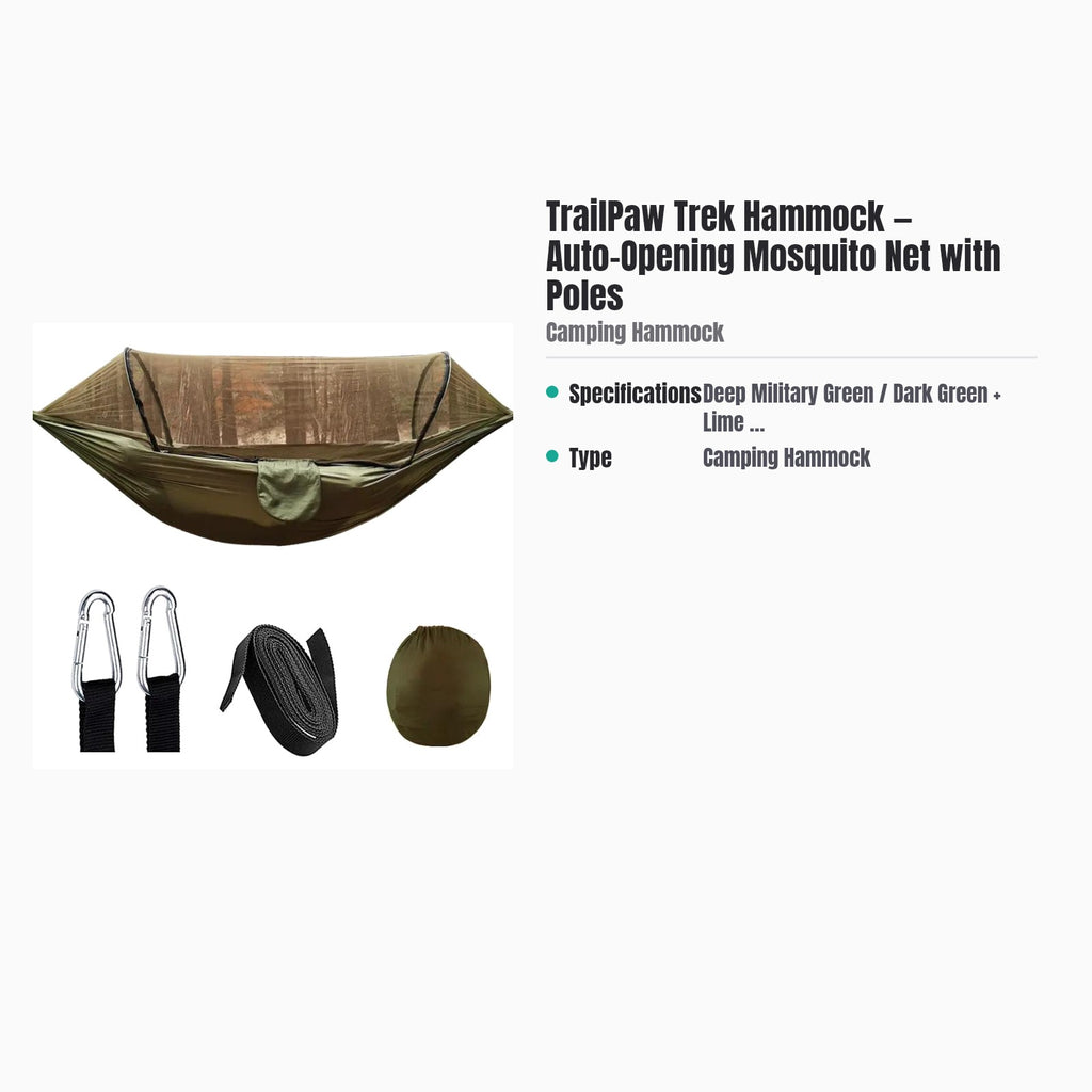 TrailPaw Trek Hammock — Auto-Opening Mosquito Net with Poles — specs