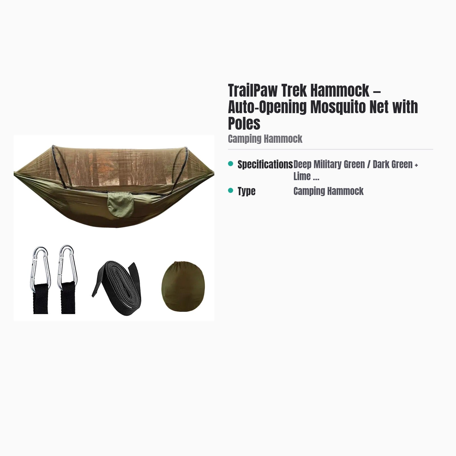 TrailPaw Trek Hammock — Auto-Opening Mosquito Net with Poles — specs