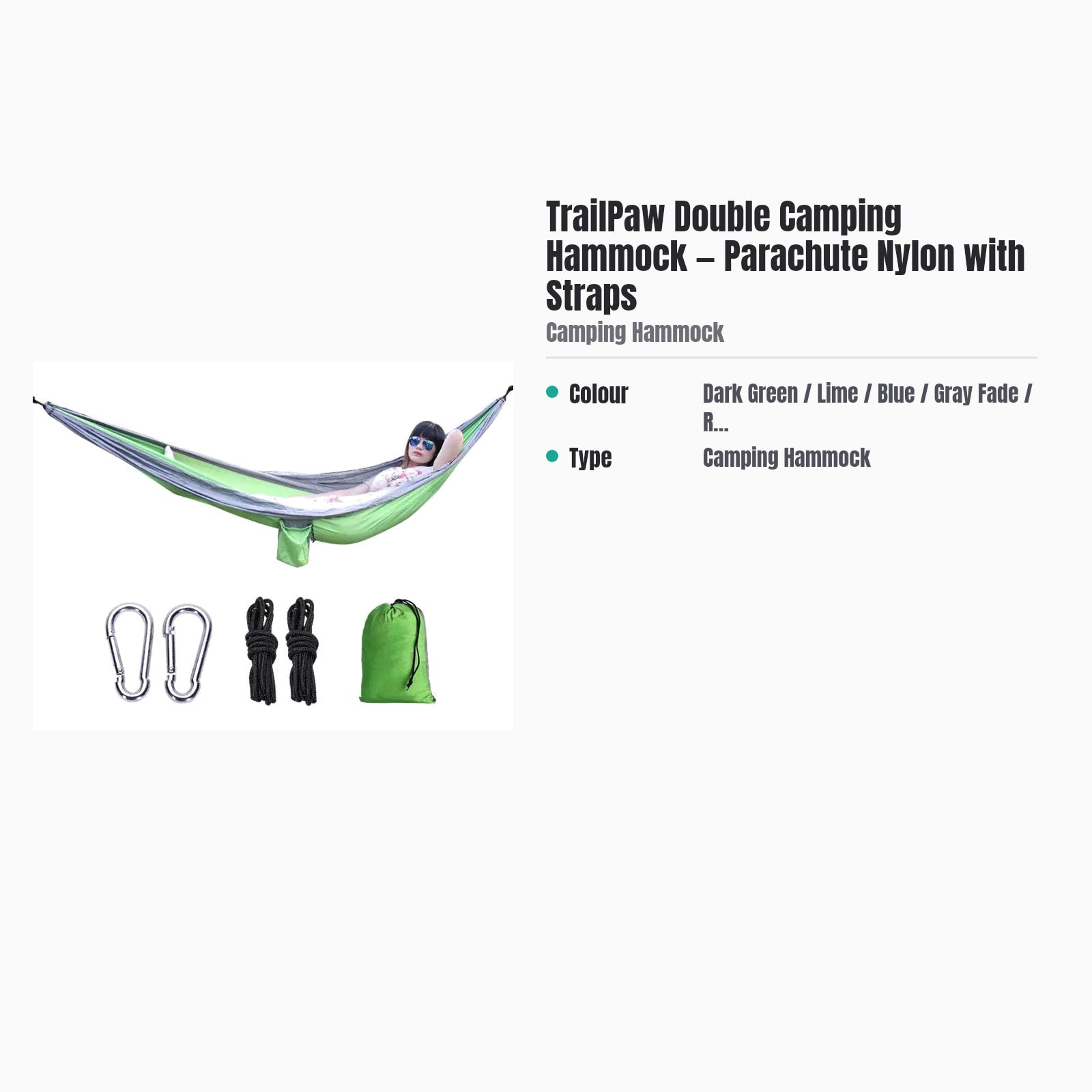 TrailPaw Double Camping Hammock — Parachute Nylon with Straps — specs